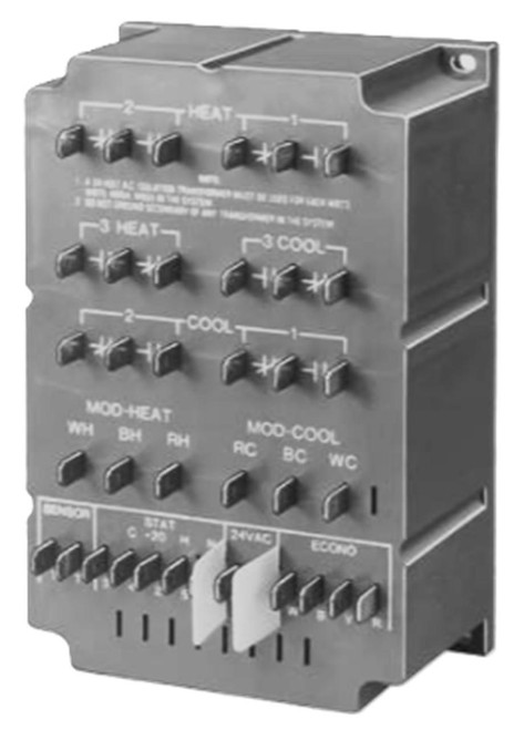 Honeywell temperature control relay, industrial electrical control device with multiple switch settings for heat and cool modes.