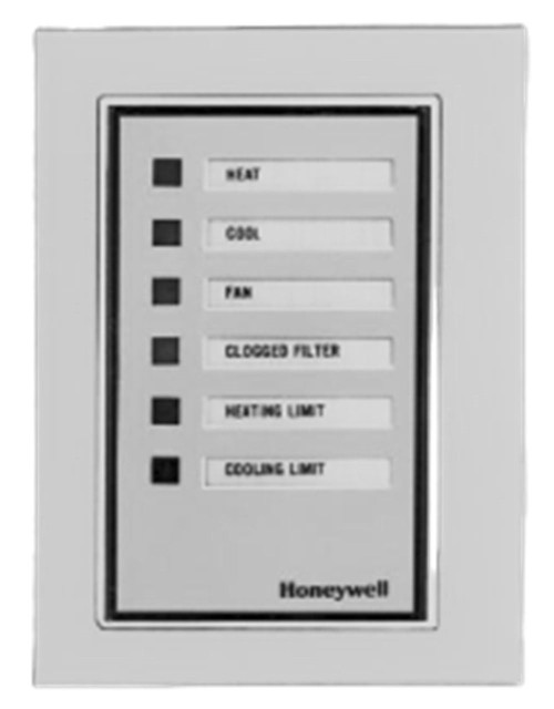 Honeywell, control panel with labeled switches for heat, cool, fan, clogged filter, heating limit, and cooling limit.