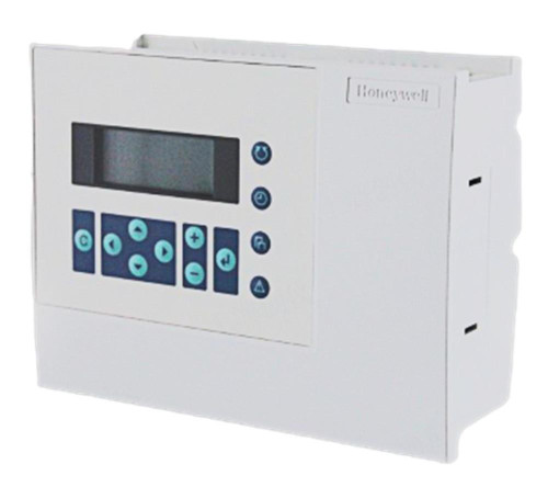 Honeywell control panel, electronic device with digital display and blue control buttons.