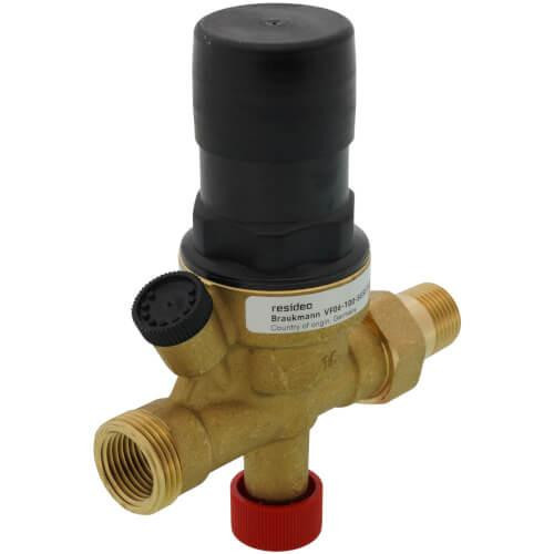 Honeywell valve, brass industrial valve with black and red adjustment knobs and threaded connections for plumbing or heating systems.