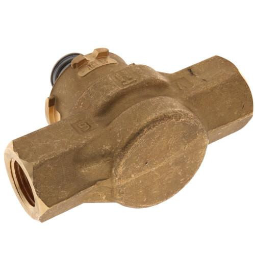 Honeywell Product, a brass valve component with a circular casing and threaded openings for plumbing connections.