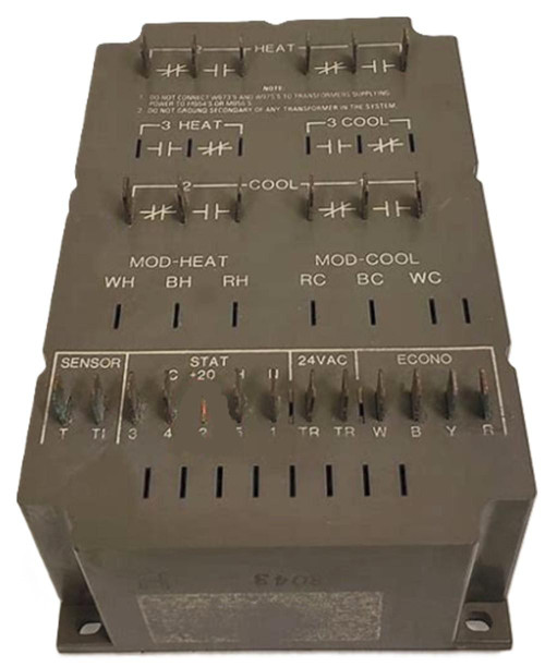 Honeywell, HVAC control relay module with multiple settings for heat and cool modes, sensor inputs, and electrical connections.