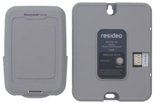 Honeywell Wireless Outdoor Reset Module, image of the front and back view showing the device's label and connection ports.