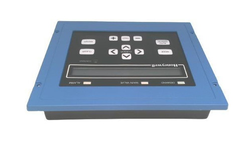 Honeywell, industrial control device with a blue casing and a digital display screen with various buttons for operation.