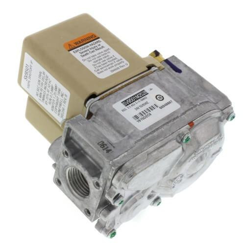 Honeywell product, industrial control valve with metallic and beige components and warning labels