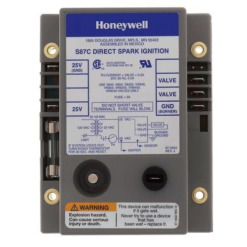 Honeywell, S87C DIRECT SPARK IGNITION control box with wiring diagram and warning label