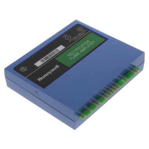 Honeywell, rectangular fire alarm control panel with LCD display and green indicator lights.