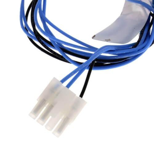 Honeywell product, electrical wiring harness with blue and black insulated wires and white connector.