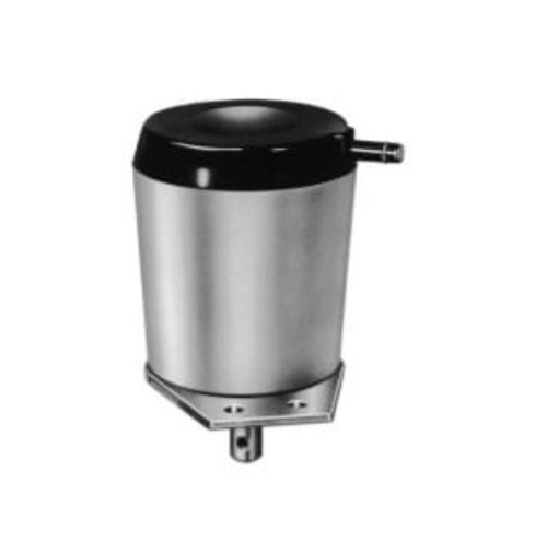 Honeywell, stainless steel water filter with black lid and faucet spout.