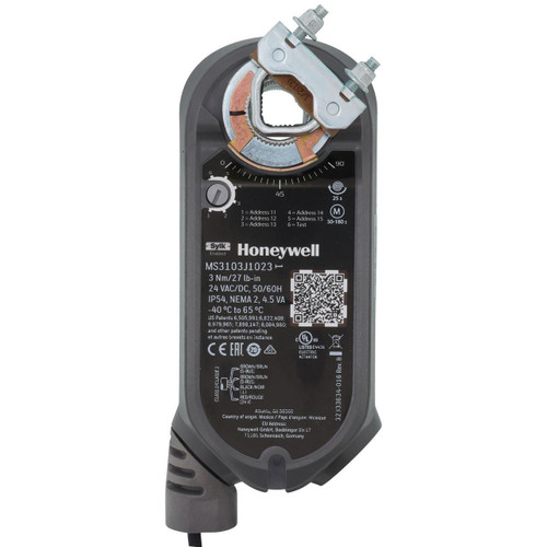 Honeywell, industrial electrical actuator with a black and grey body and a metallic gear mechanism on top.