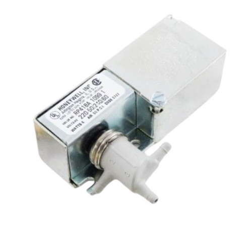 Honeywell product, a metallic solenoid valve with a white plastic connector for controlling fluid flow.