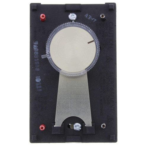 Honeywell Thermostat, black electrical thermostat control device with a large circular dial and metal slider for temperature adjustment.