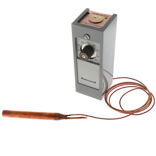 Honeywell heater control device, a rectangular electronic thermostat with control dial and copper wire sensor attached.