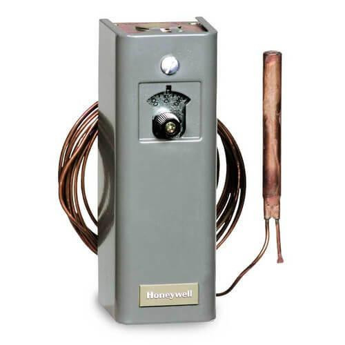 Honeywell, industrial temperature control device with a gray rectangular body, a dial gauge, control knob, and copper wiring.