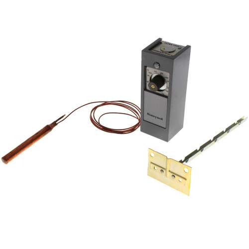 Honeywell Thermostat, digital thermostat with temperature control dial and copper sensor probe, mounted on metal bracket for heating and cooling system regulation.