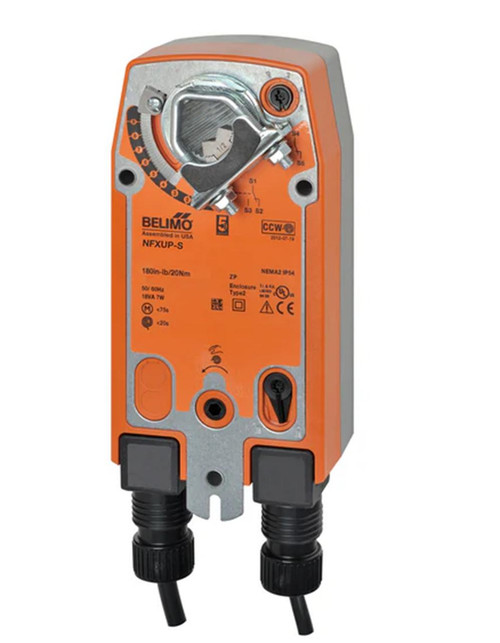 Belimo, industrial actuator device with orange and black components, featuring a dial and connection ports for automation systems.