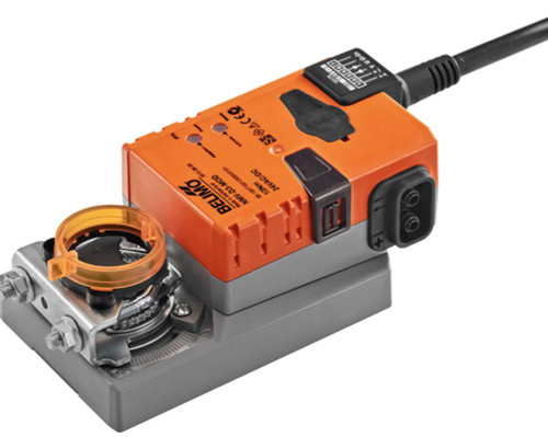 Belimo actuator, compact orange and gray HVAC control component with wiring connection and mounting interface.
