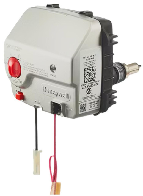 Honeywell product, industrial control device with a white and black casing, red switch, and wiring for electrical connections.