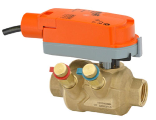 Belimo, electrical control valve with orange and gray actuator and brass body with blue and red control ports.