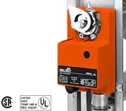 Belimo, industrial valve actuator in orange and silver for HVAC system control.