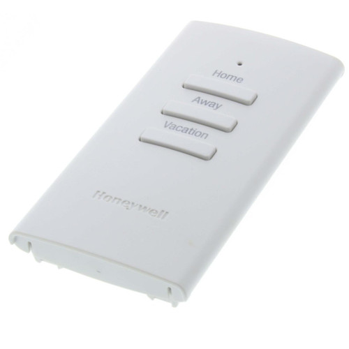 Honeywell remote control, white device with three labeled buttons for Home, Away, and Vacation.