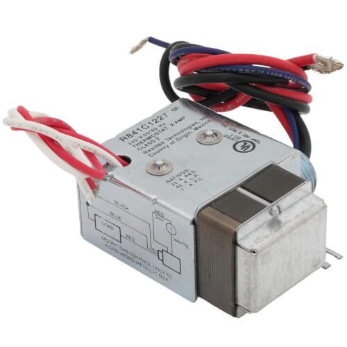 Honeywell Transformer, industrial electrical transformer with red, black, and blue wires for powering various electronic devices.