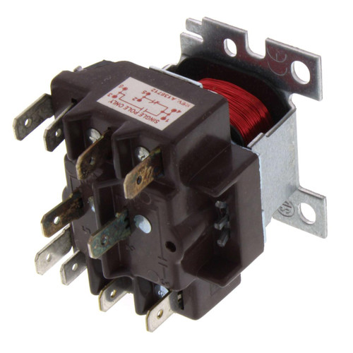 Honeywell relay, electrical relay switch with black plastic housing and metal connectors, red coil, used in electronic and industrial control systems.