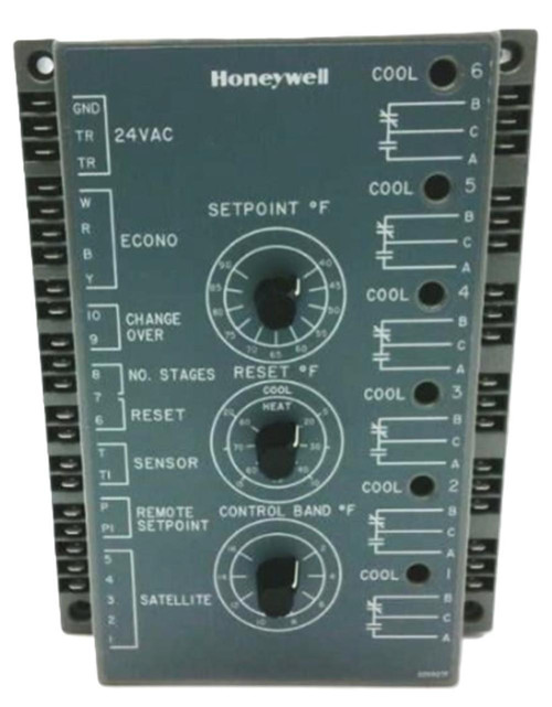 Honeywell, HVAC temperature control relay module with dials for setpoint, reset, control band, and multiple wiring connections for cooling and sensing features.