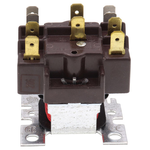 Honeywell relay switch, close-up of brown plastic and metal electrical relay component with gold-colored metal terminals.