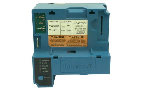 Honeywell RCM738B1021, industrial control relay with LED indicator lights for power, pilot, flame, main, and alarm status.