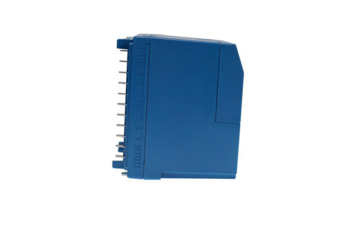 Honeywell, industrial electronic control module in blue plastic enclosure with multiple metal pins for connections.