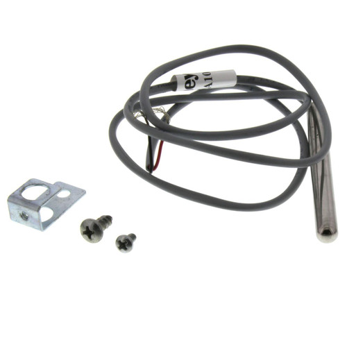Honeywell temperature sensor, electronic component with gray wiring, metal mounting bracket, and screws for installation.