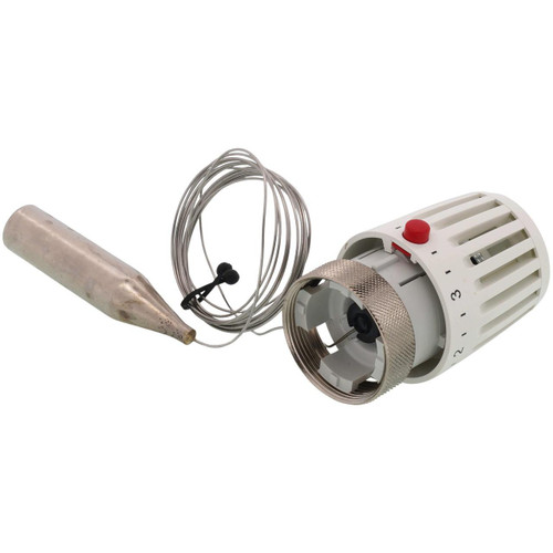 Honeywell, thermostat component with a white adjustable dial, red reset button, and attached wiring for temperature control.