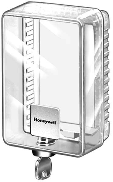 Honeywell security alarm control panel, transparent enclosure with front view showcasing internal components and mounting bracket.