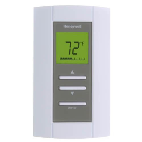 Honeywell digital thermostat, white wall-mounted device with LCD display showing 72°F and control buttons.