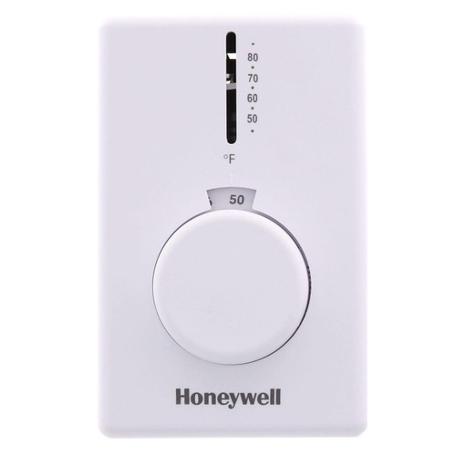 Honeywell Thermostat, white wall-mounted digital temperature control device with a large circular dial and a vertical temperature indicator.