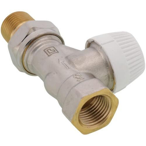 Honeywell T-Piece Water Valve, a metallic plumbing fitting with threaded connections on both ends and a white plastic control knob.