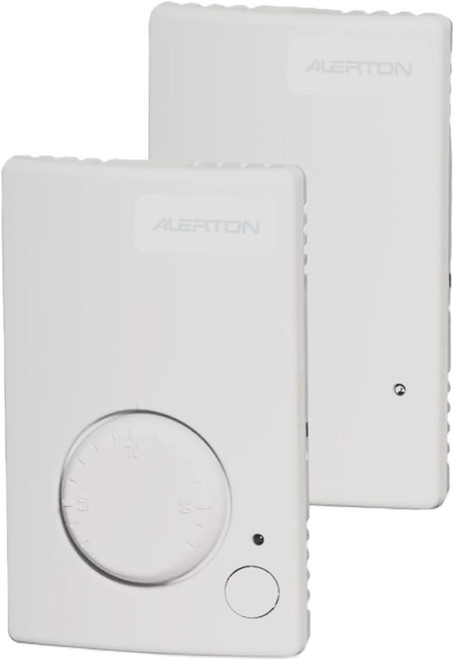 Alerton, white thermostats with a circular dial and digital display for temperature control.