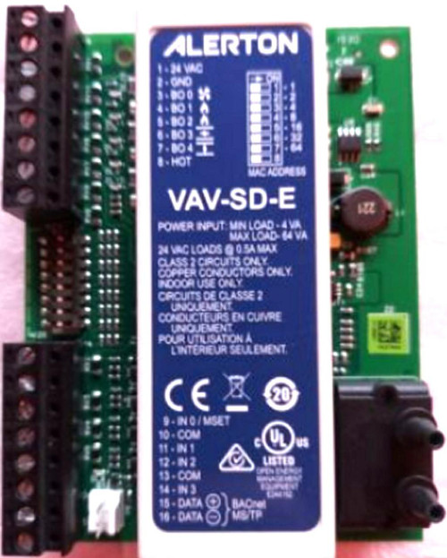 Alerton VAV-SD-E, electronic control module for HVAC systems with detailed specifications printed on the blue label.