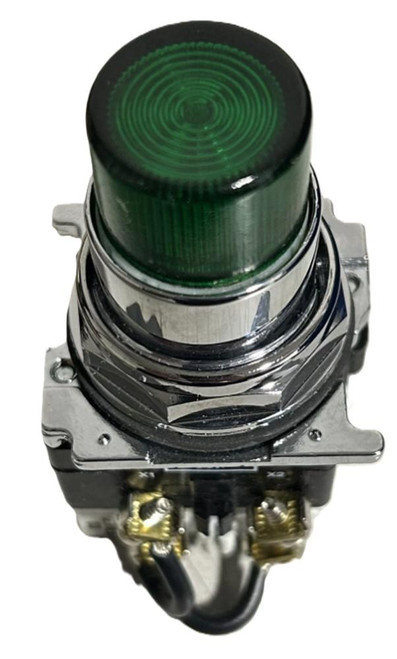 Cutler-Hammer green indicator light, industrial electrical warning signal with metallic housing and wiring.