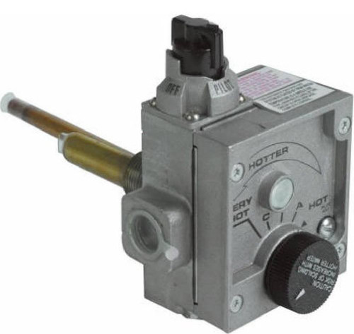 Camco product, heater control valve for RV or camping equipment with temperature adjustment knob and metal construction.