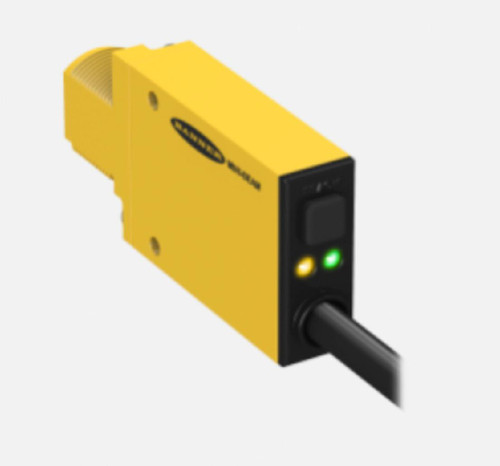 Proximity Sensor, yellow industrial proximity sensor with black front panel, side connection port, and indicator lights.