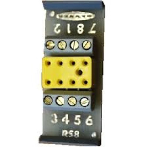 Product Banner, electrical relay module with terminal screws, yellow base, and white numbered labels for industrial automation.