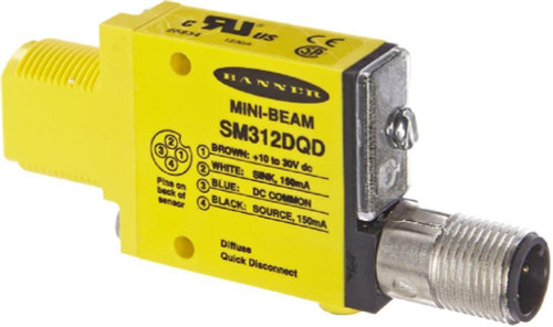 Mini-Beam sensor, close-up image of a yellow RANNER Mini-Beam SM312DQD sensor with description and pin configuration.