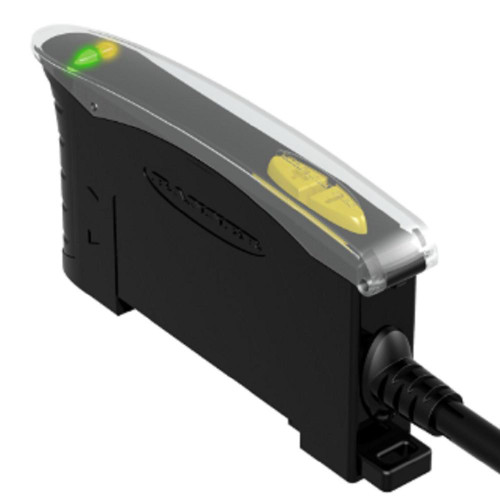 Product Banner, an electronic device with a black body, a yellow component inside, and a glossy clear cover, connected to a black cable.