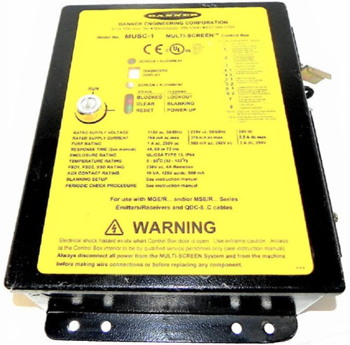 Product Banner Engineering Corporation, Multi-screen Control Box Model MUSC-1 with yellow labeling and control switches.