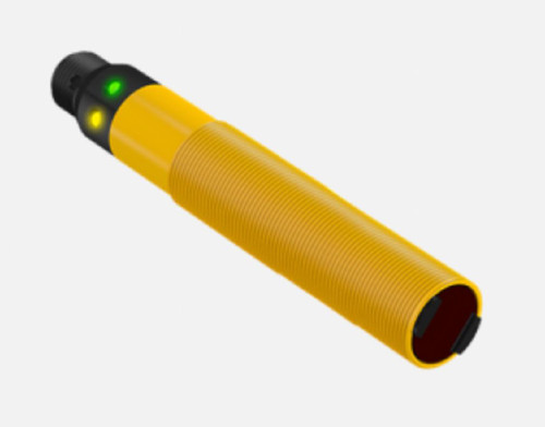 Laser Safety Sensor, yellow cylindrical laser sensor with black and green indicator lights.