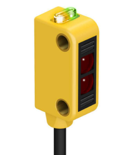 Product Banner, yellow traffic light sensor with red lights and green indicator light on top.