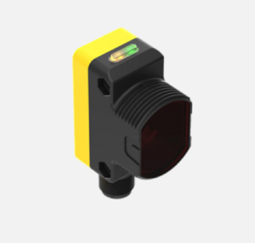 Product Banner, industrial sensor or imaging device with black and yellow casing and red lens for detecting or measuring objects.