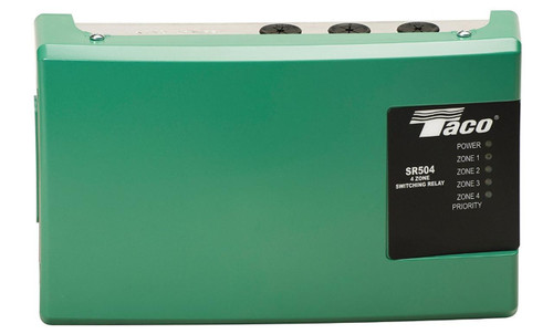 Taco, four-zone switching relay device in green with black label and indicator lights